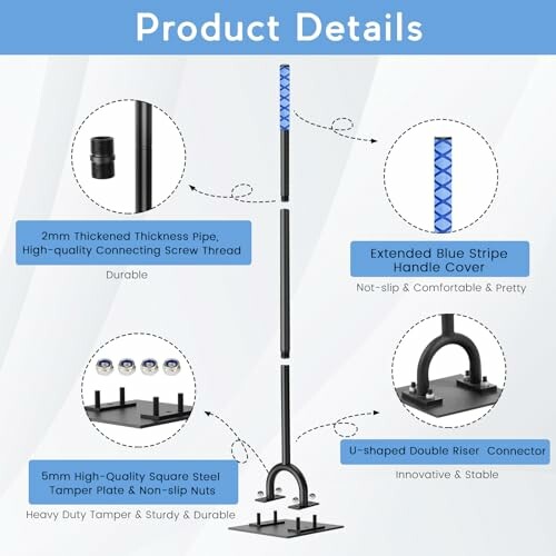 Diagram showing features of an adjustable fitness bar with blue stripe handle cover, thickened pipe, and U-shaped connector.