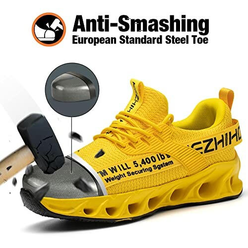 Yellow steel toe shoe with anti-smashing feature