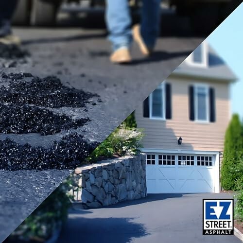 Close-up of asphalt repair and a house with a driveway.