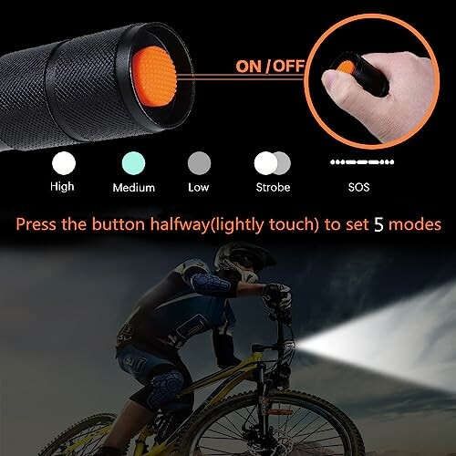 Cyclist using flashlight with multiple modes.