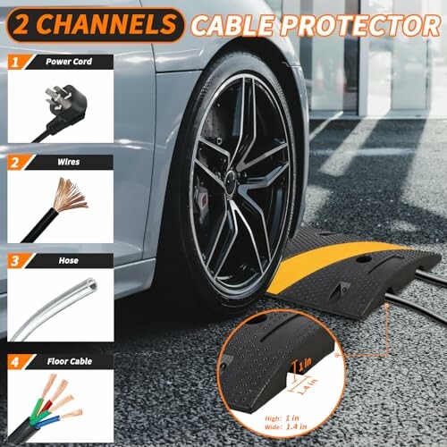 Car wheel with cable protector and labeled components: power cord, wires, hose, floor cable.