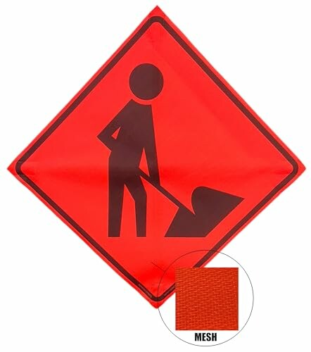 Orange construction warning sign with mesh detail