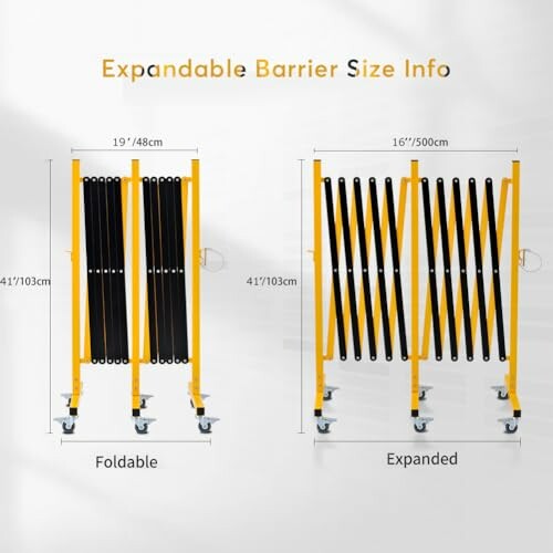 Expandable barrier size information showing foldable and expanded views.