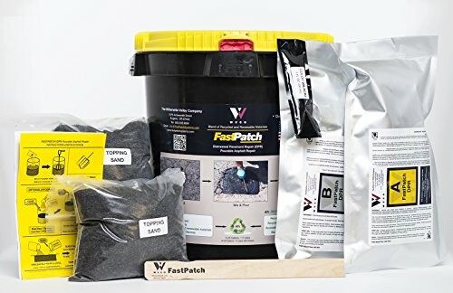 FastPatch asphalt repair kit with components and instructions.