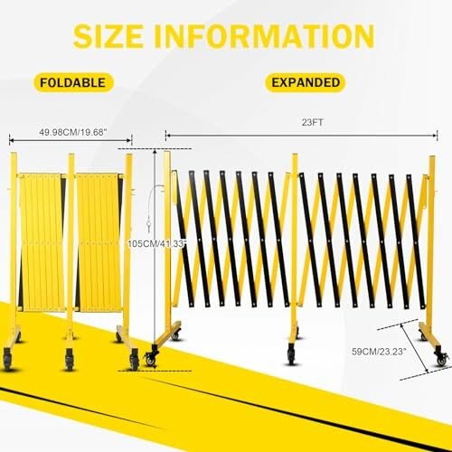 Diagram of a foldable and expandable barrier with dimensions.