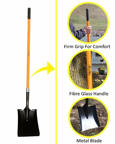 Heavy-duty garden shovel with fiberglass handle and metal blade.