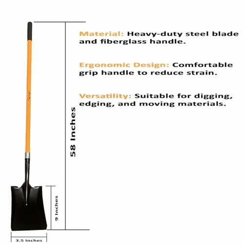 Heavy-duty shovel with ergonomic design and fiberglass handle.