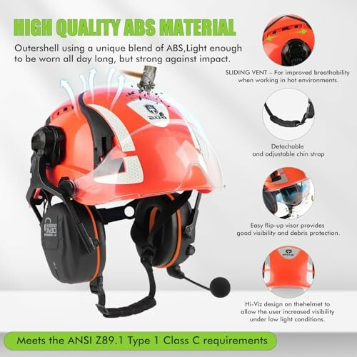 Safety helmet with communication gear and adjustable visor.