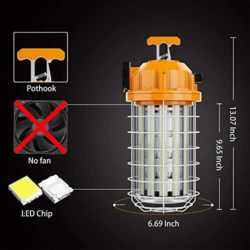 LED work light with dimensions and features including pothook, no fan, LED chip.