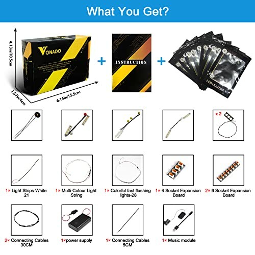 Contents of a LEGO lighting kit including light strips, cables, boards, and instructions.