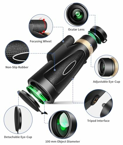 Monocular with labeled features including ocular lens, focusing wheel, non-slip rubber, adjustable eye-cup, tripod interface, detachable eye-cup, and 100 mm object diameter.