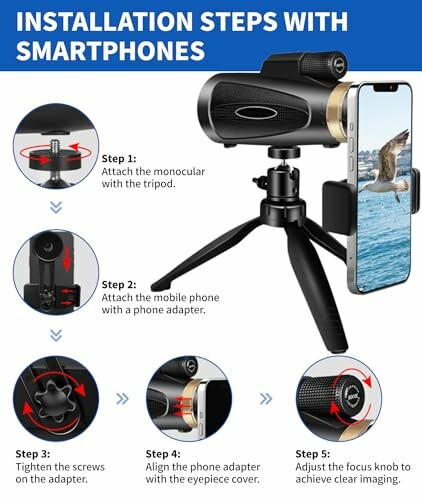 Instructions for installing a monocular on a tripod with a smartphone adapter.