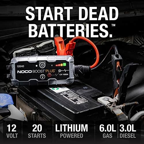 NOCO Boost Plus jump starter on car battery