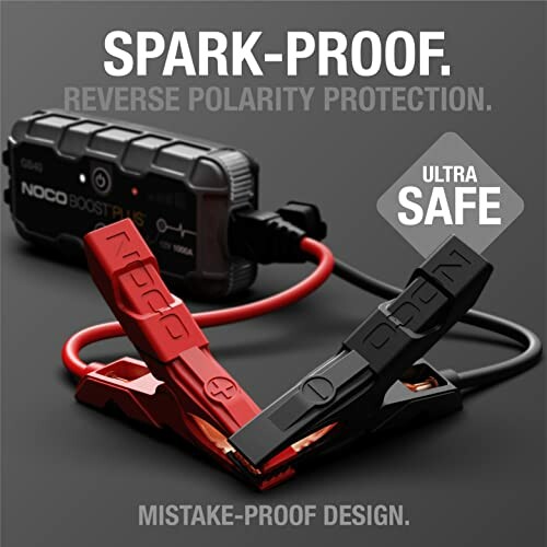 Noco Boost Plus jump starter with spark-proof clamps and reverse polarity protection.