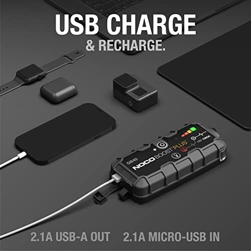 NOCO Boost Plus USB charging setup with devices.