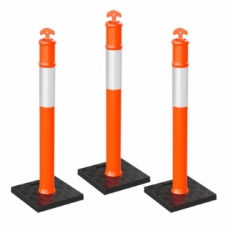 Three orange traffic safety cones with reflective bands.