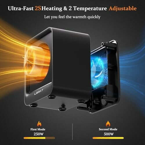 Portable heater with ultra-fast 2-second heating and adjustable two temperature modes.