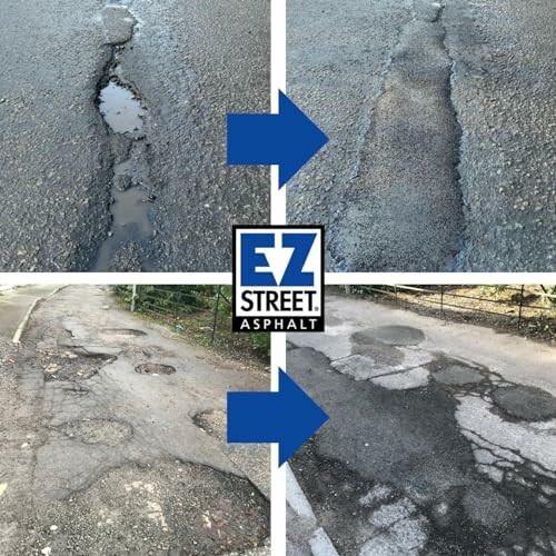 Before and after images of pothole repair with EZ Street Asphalt.