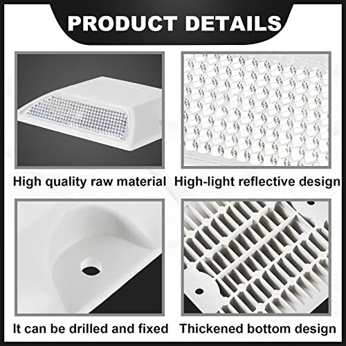 Product details showing lamp design with high quality material, reflective surface, drillable and fixed, thickened bottom.