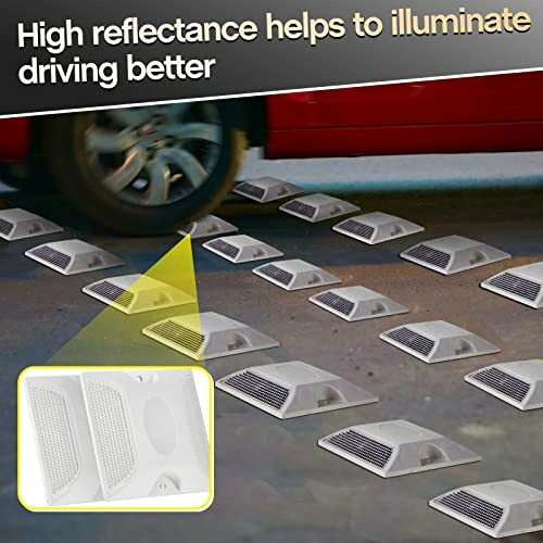 Reflective road markers enhance nighttime driving safety.