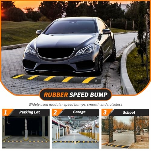 Car on a rubber speed bump with parking lot, garage, and school images.