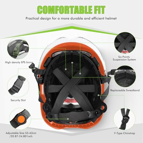 Safety helmet with labeled features including EPS lining, suspension system, sweatband, security slot, adjustable size, and chinstrap.