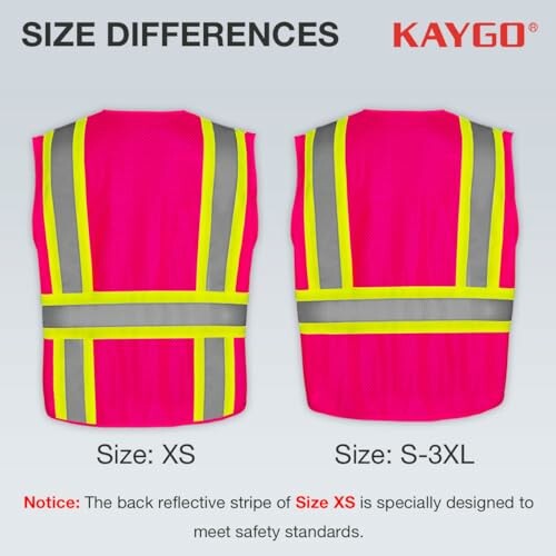 Comparison of safety vest sizes XS and S-3XL with reflective stripes.