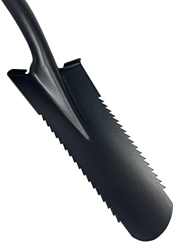 Serrated garden trowel with black handle and blade.