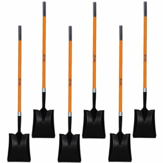 Set of six black square shovels with orange handles.