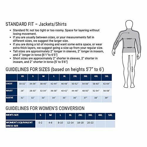 Standard fit sizing chart for jackets and shirts with guidelines for men's and women's sizes.