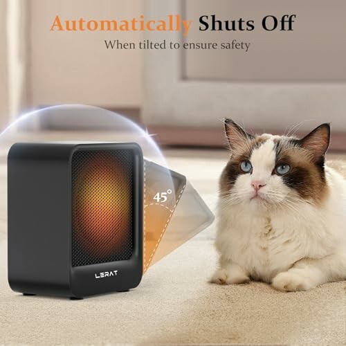 Portable heater with safety feature next to cat