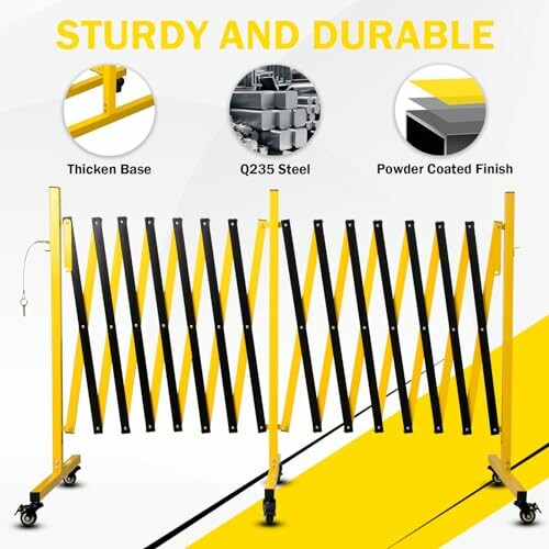 Expandable yellow and black barrier with wheels, highlighting thicken base, Q235 steel, and powder coated finish.