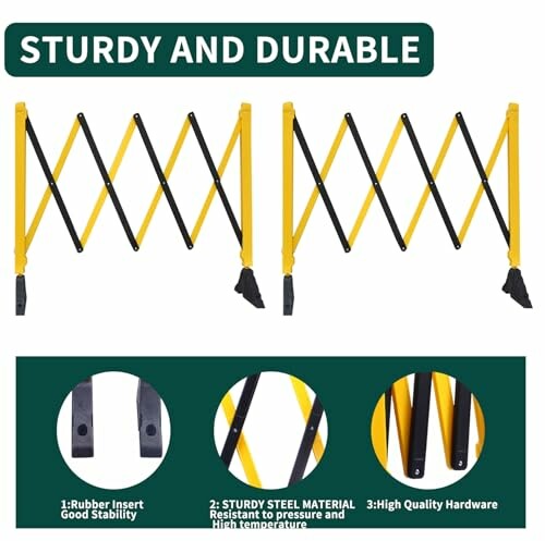 Expandable yellow and black steel barriers with stability features.