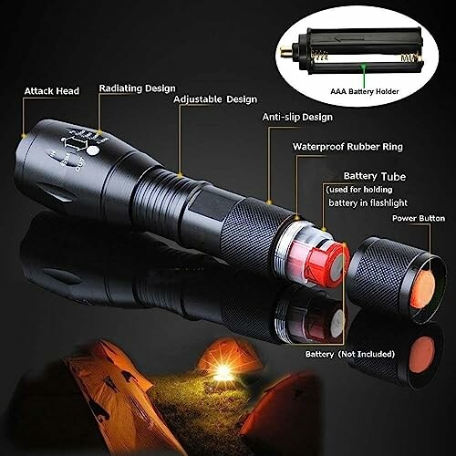 Detailed diagram of a tactical flashlight with labeled parts and camping tents.