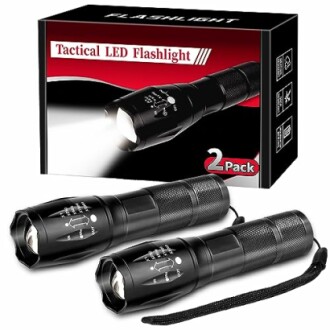 Two tactical LED flashlights with packaging.