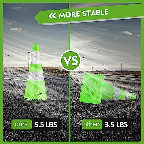 Comparison of two green traffic cones in windy conditions, showing stability at 5.5 lbs versus 3.5 lbs.