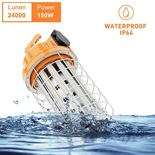 Waterproof LED work light submerged in water with IP64 rating, 24000 lumens, 150W power.