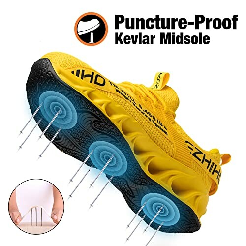 Yellow shoe with puncture-proof Kevlar midsole